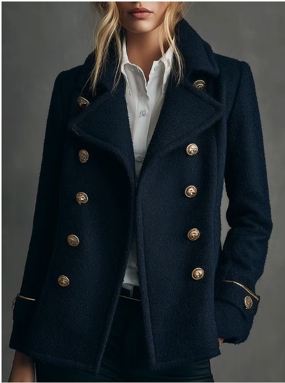 Caban classique bleu marine en laine mélangée, croisé, boutons dorés