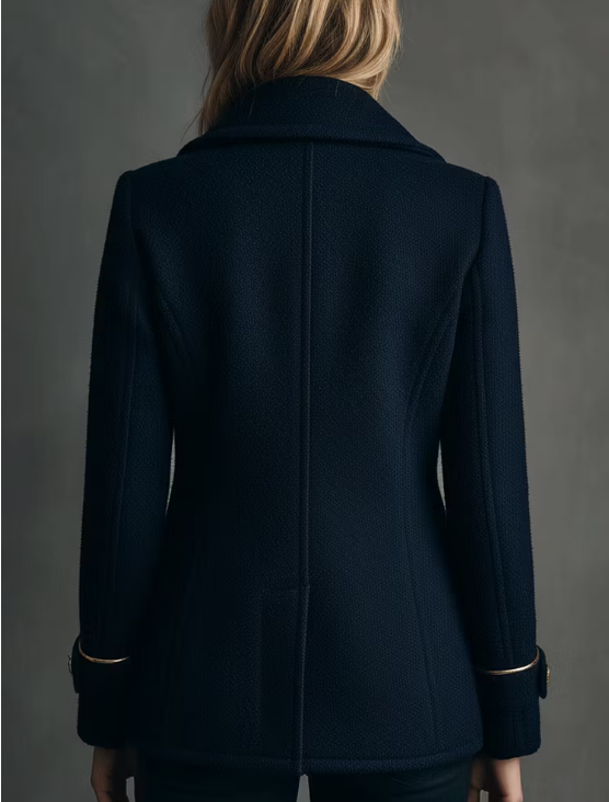 Caban classique bleu marine en laine mélangée, croisé, boutons dorés