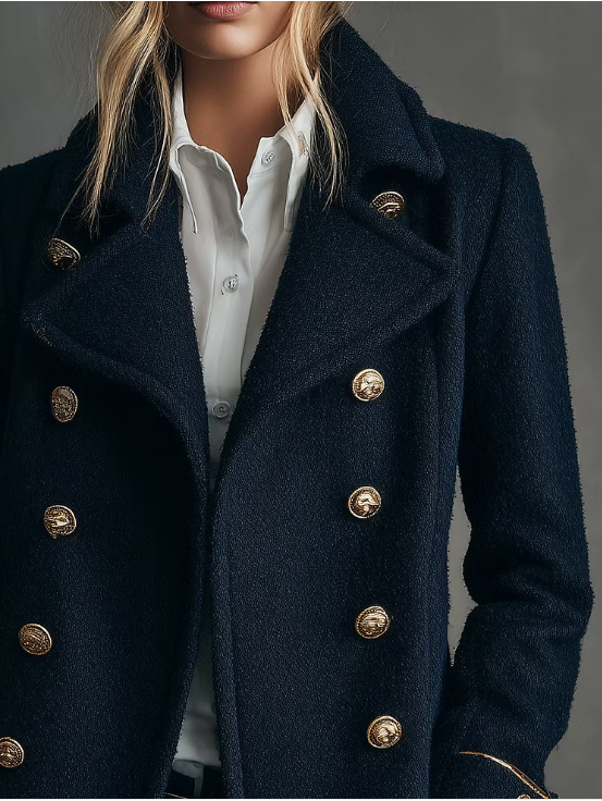Caban classique bleu marine en laine mélangée, croisé, boutons dorés