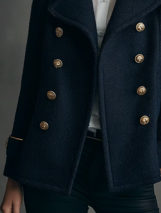Caban classique bleu marine en laine mélangée, croisé, boutons dorés